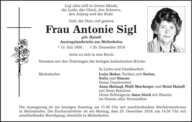 Traueranzeige Antonie Sigl