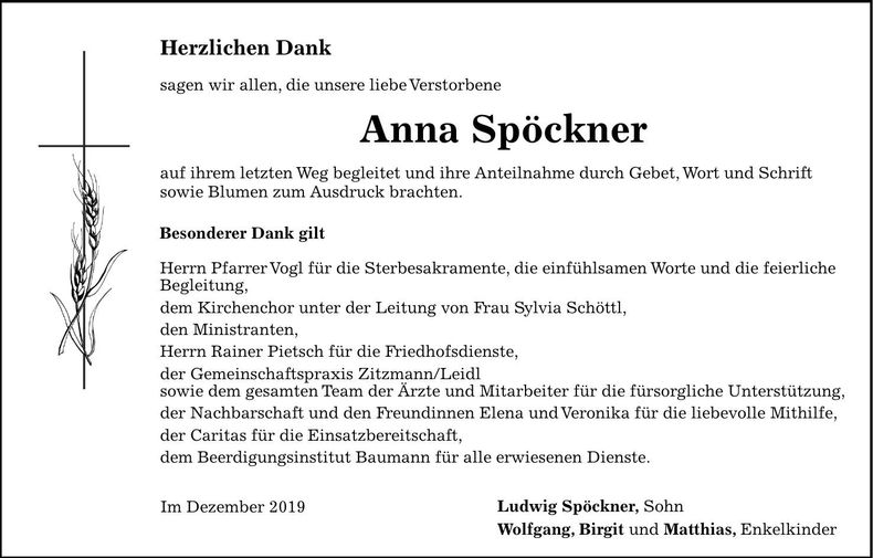 Traueranzeige Anna Spöckner