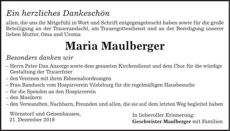 Traueranzeige Maria Maulberger