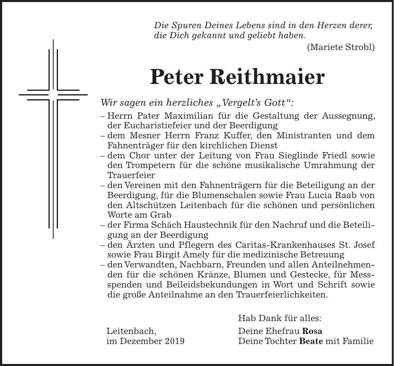 Traueranzeige Peter Reithmaier