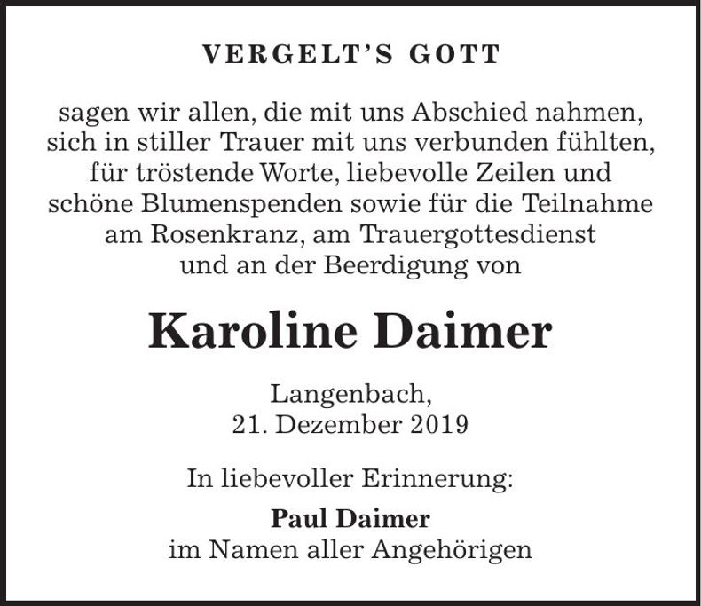 Traueranzeige Karoline Daimer