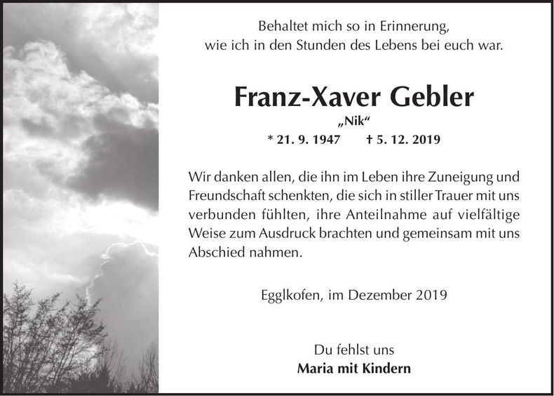 Traueranzeige Franz-Xaver Gebler