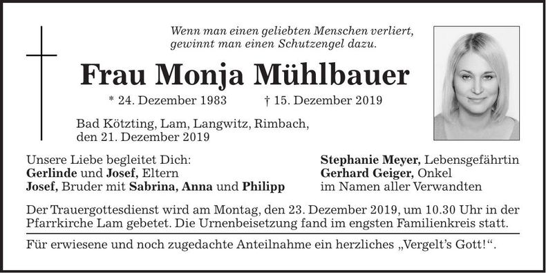 Traueranzeige Monja Mühlbauer