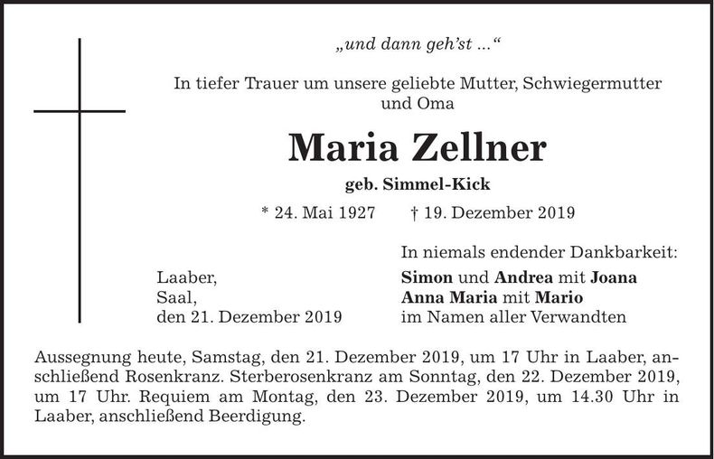 Traueranzeige Maria Zellner