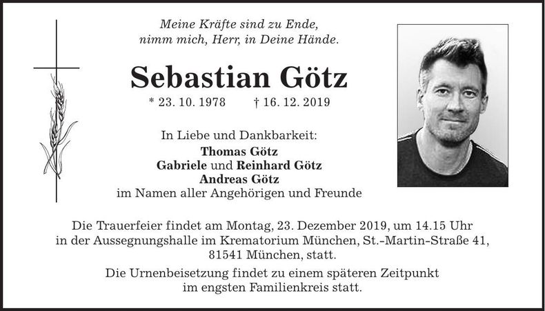 Traueranzeige Sebastian Götz