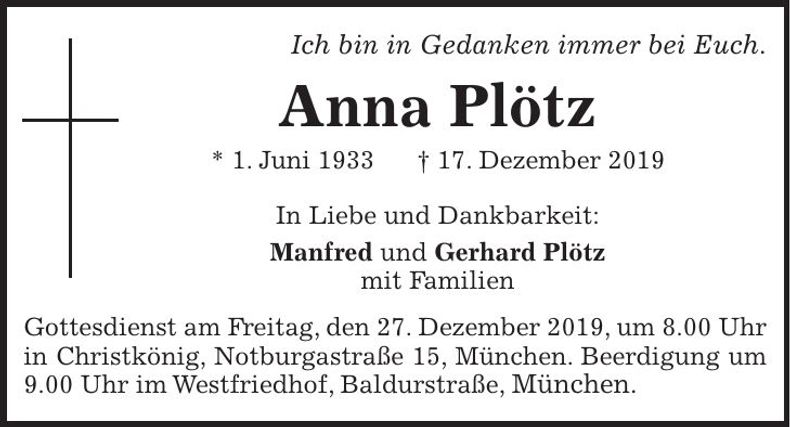 Traueranzeige Anna Plötz