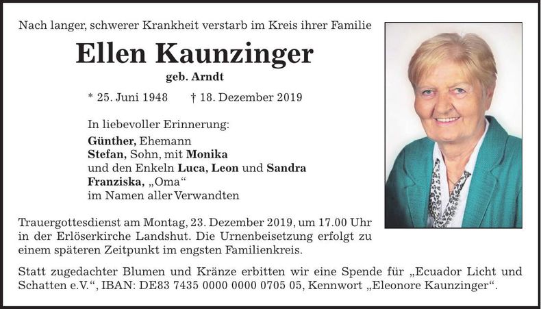 Traueranzeige Ellen Kaunzinger