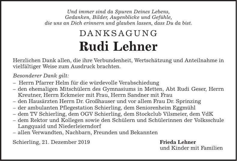 Traueranzeige Rudi Lehner