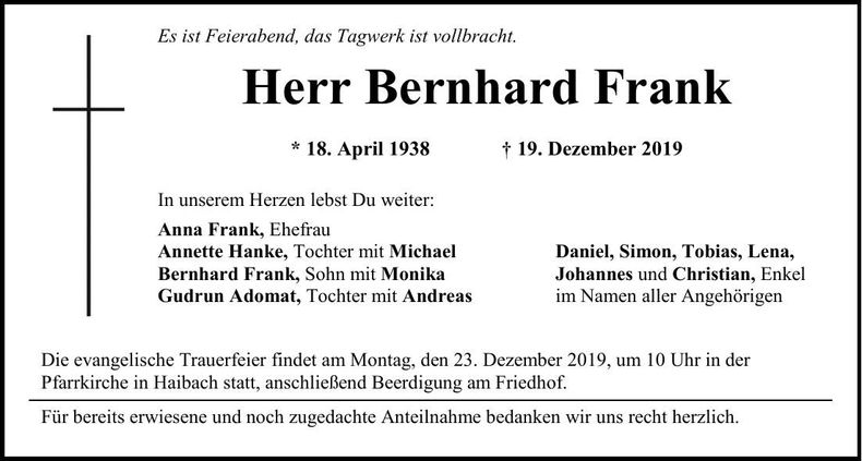 Traueranzeige Bernhard Frank