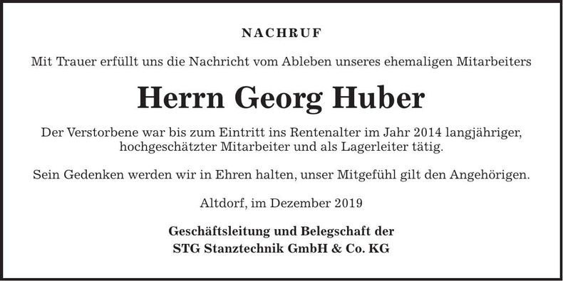 Traueranzeige Georg Huber