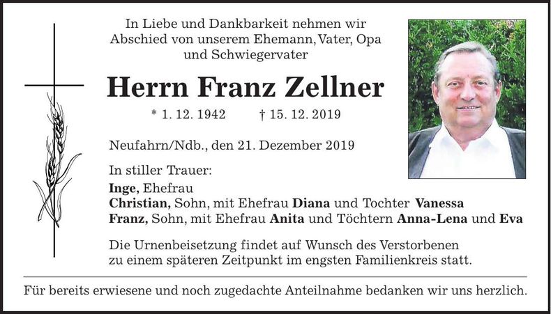 Traueranzeige Franz Zellner