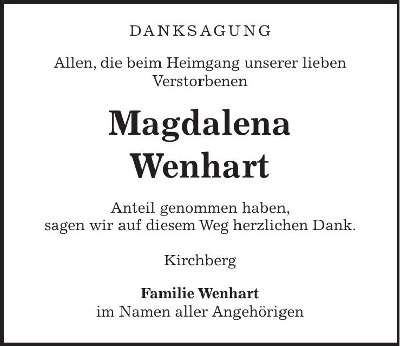 Traueranzeige Magdalena Wenhart