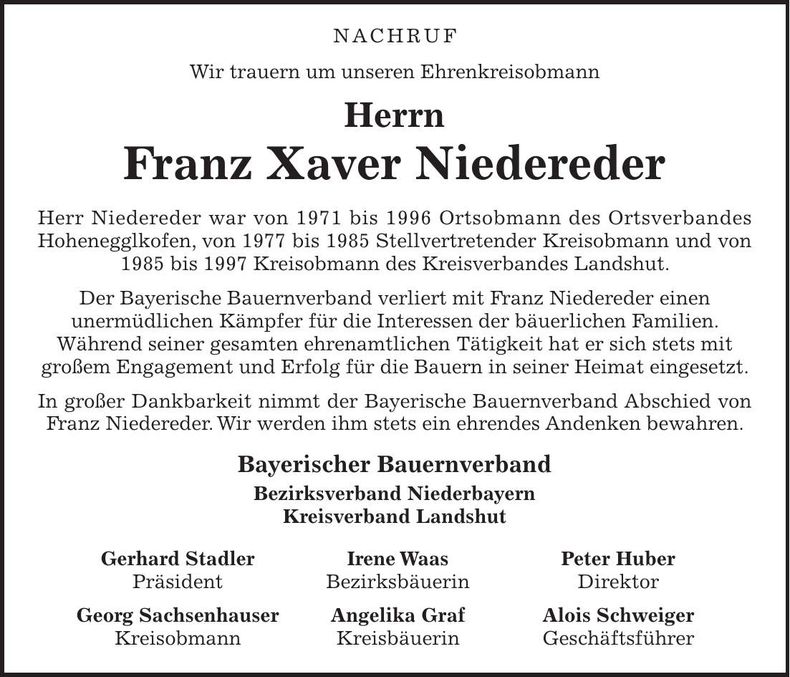 Traueranzeige Franz Xaver Niedereder
