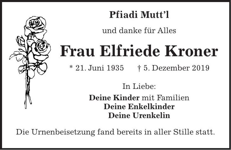 Traueranzeige Elfriede Kroner