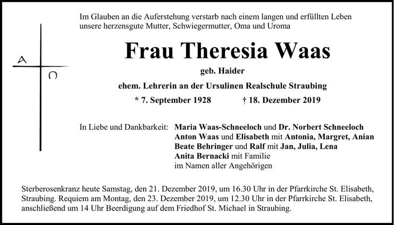 Traueranzeige Theresia Waas