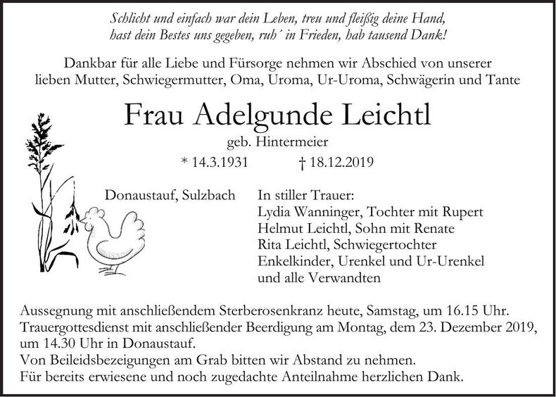 Traueranzeige Adelgunde Leichtl