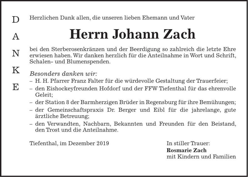 Traueranzeige Johann Zach