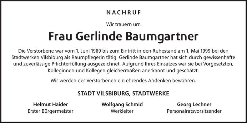 Traueranzeige Gerlinde Baumgartner