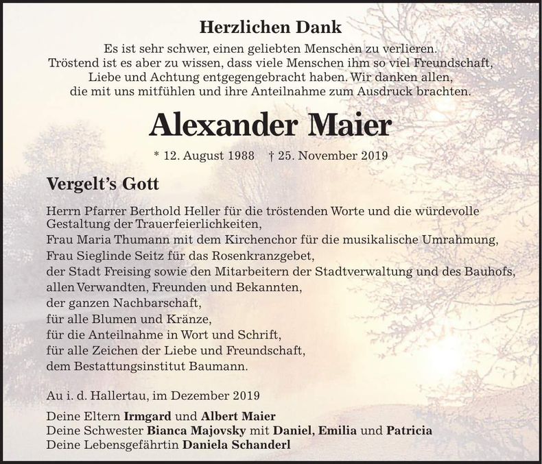 Traueranzeige Alexander Maier