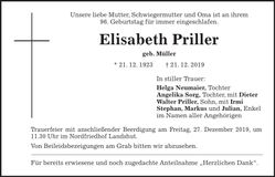 Traueranzeige Elisabeth Priller