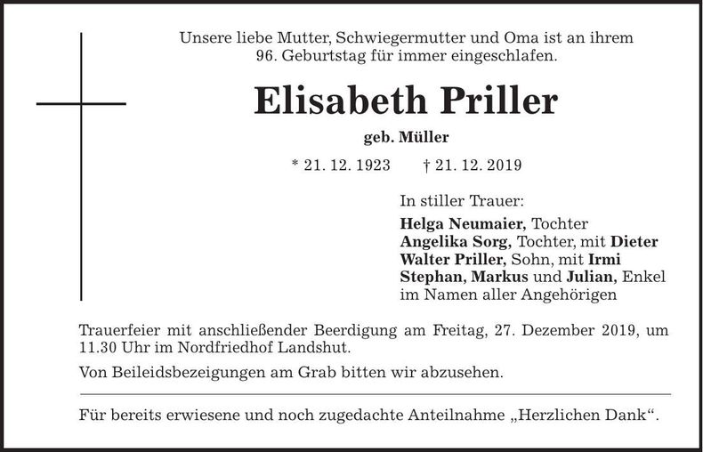 Traueranzeige Elisabeth Priller