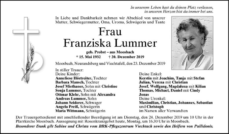 Traueranzeige Franziska Lummer