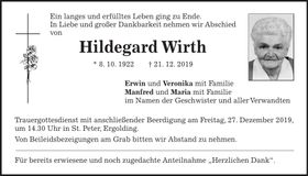 Traueranzeige Hildegard Wirth
