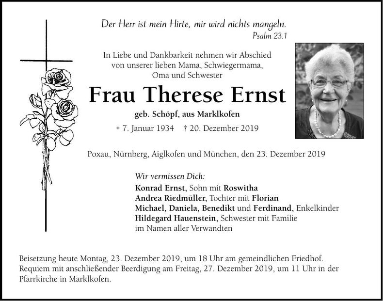 Traueranzeige Therese Ernst
