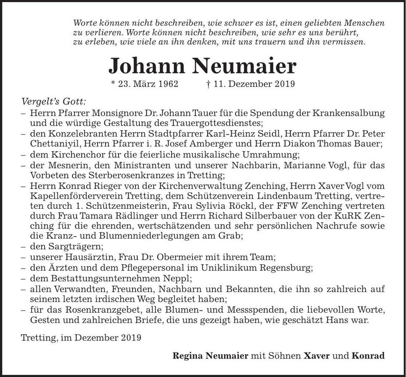 Traueranzeige Johann Neumaier