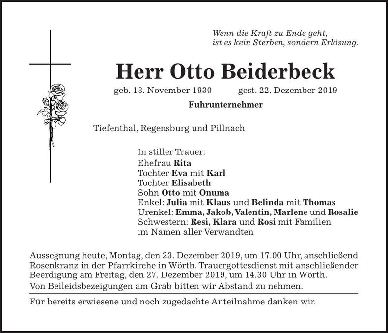 Traueranzeige Otto Beiderbeck