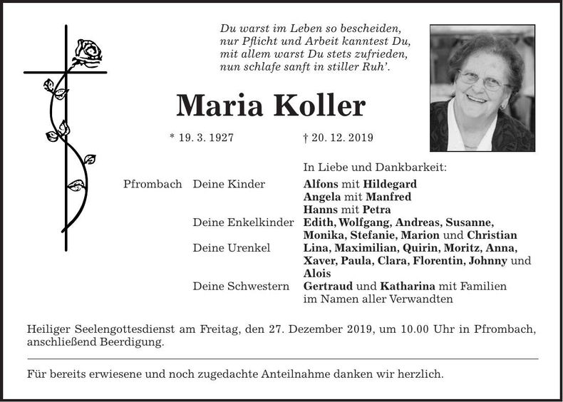 Traueranzeige Maria Koller