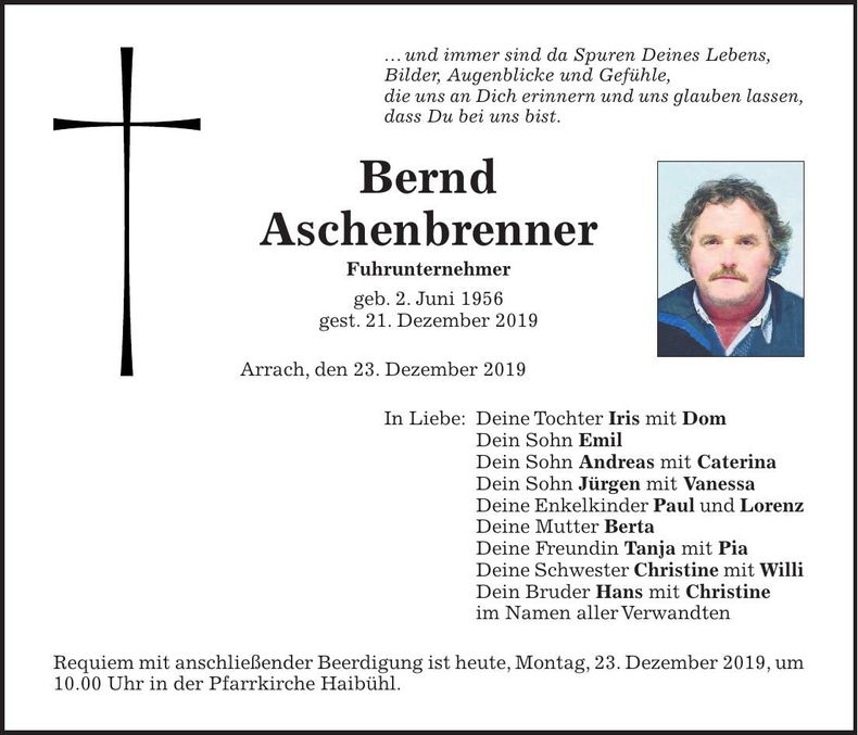Traueranzeige Bernd Aschenbrenner