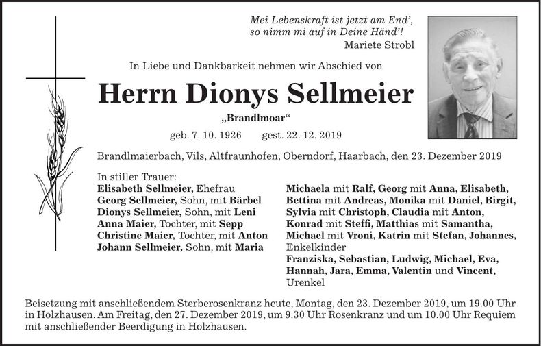 Traueranzeige Dionys Sellmeier
