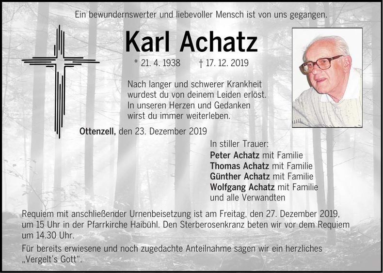Traueranzeige Karl Achatz