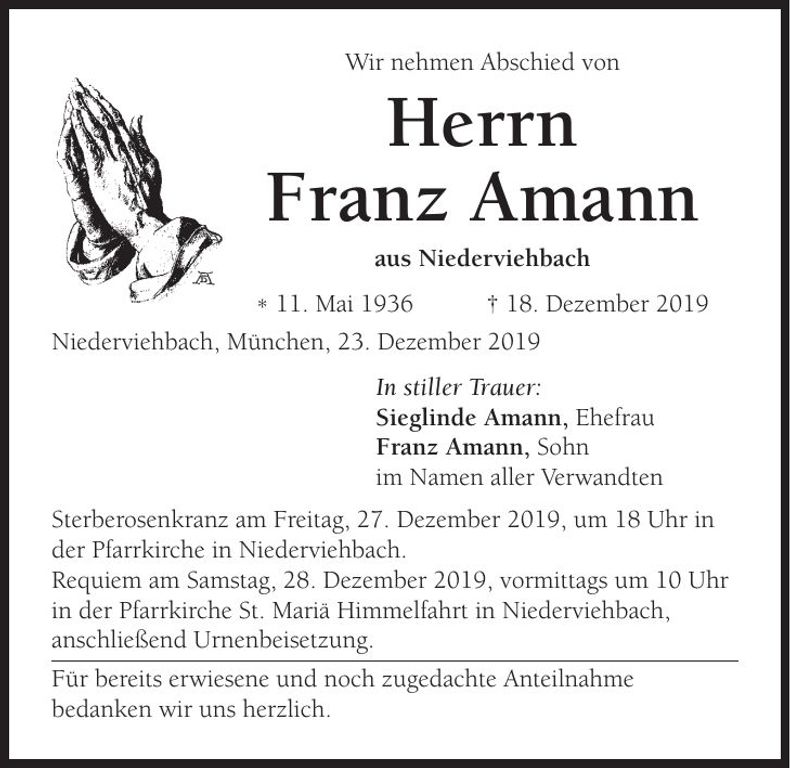 Traueranzeige Franz Amann