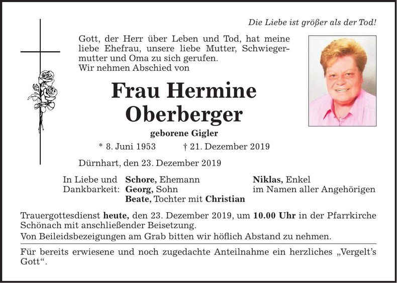 Traueranzeige Hermine Oberberger