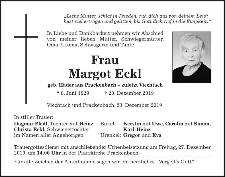 Traueranzeige Margot Eckl