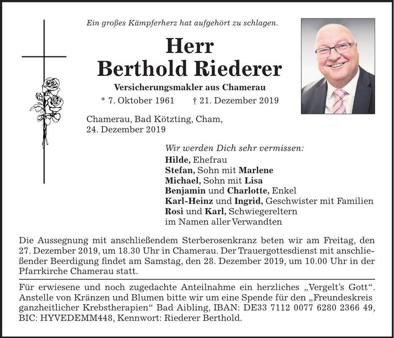 Traueranzeige Berthold Riederer