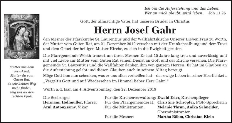 Traueranzeige Josef Gahr