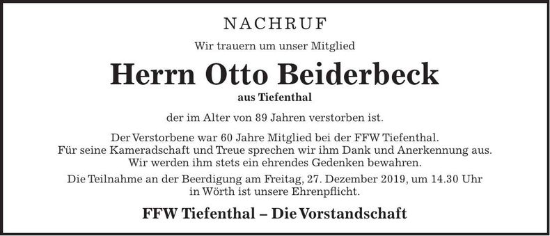 Traueranzeige Otto Beiderbeck