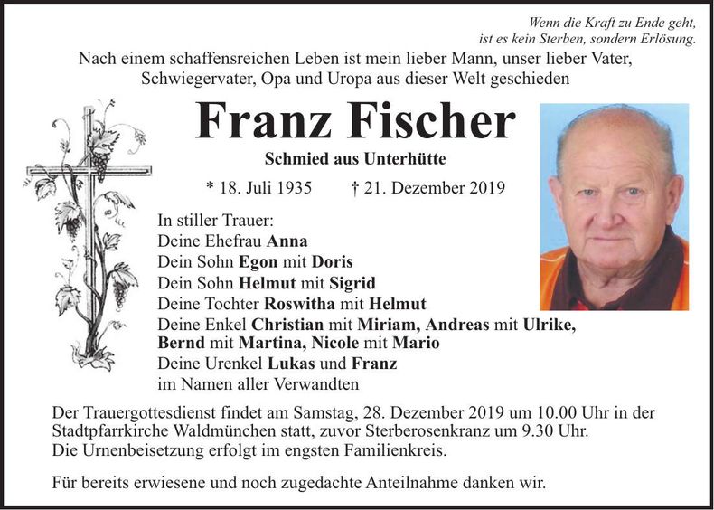 Traueranzeige Franz Fischer