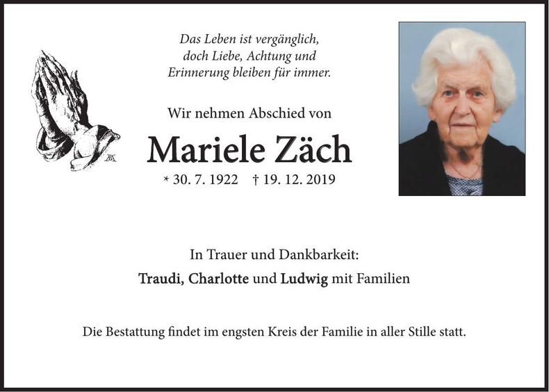 Traueranzeige Mariele Zäch