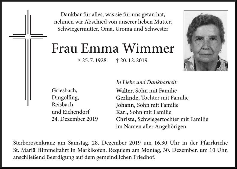 Traueranzeige Emma Wimmer