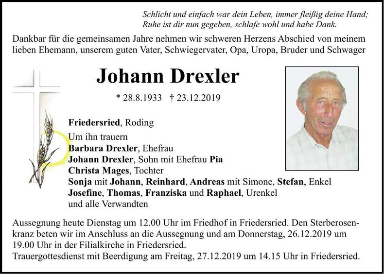 Traueranzeige Johann Drexler