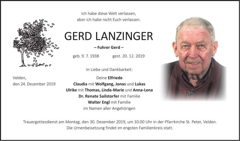 Traueranzeige Gerd Lanzinger