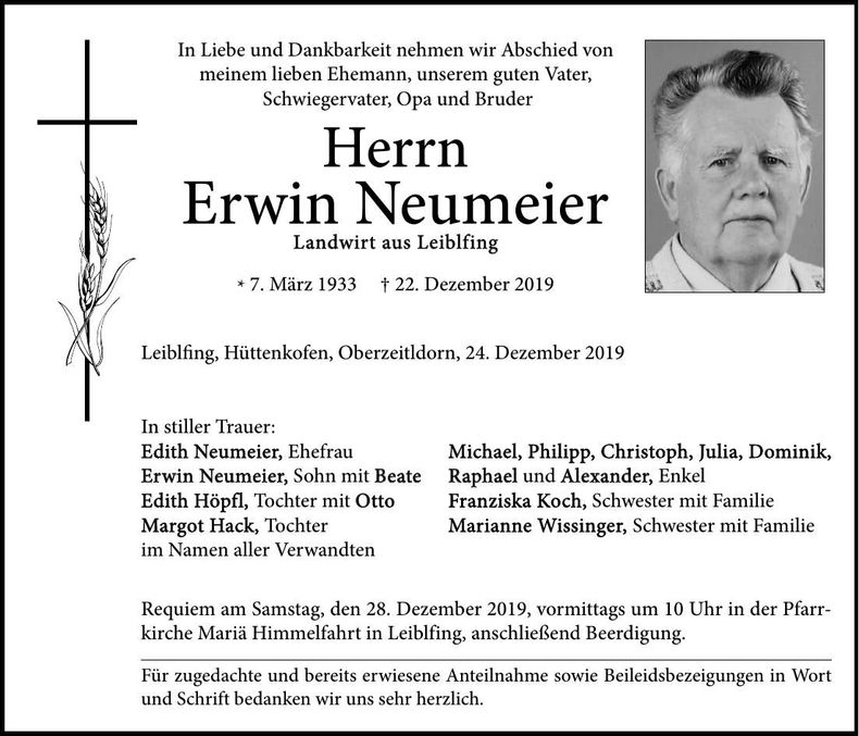 Traueranzeige Erwin Neumeier