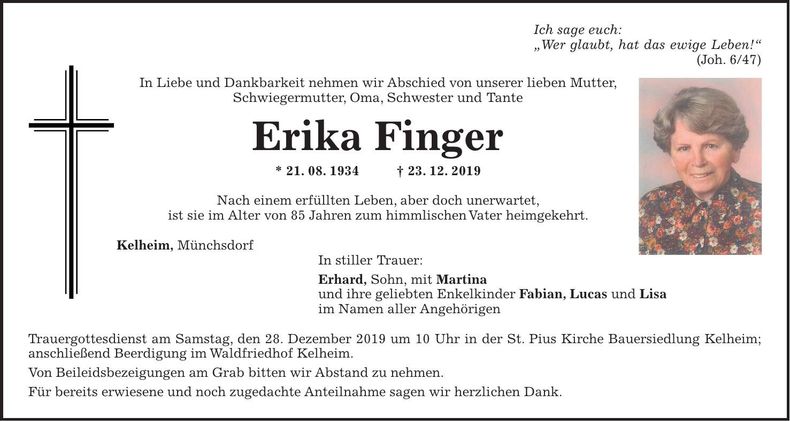 Traueranzeige Erika Finger