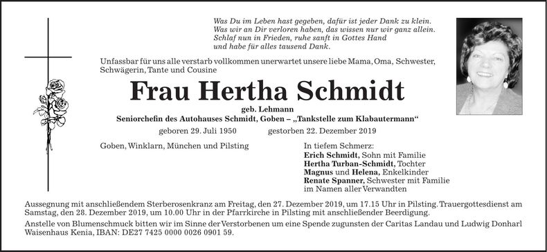 Traueranzeige Hertha Schmidt