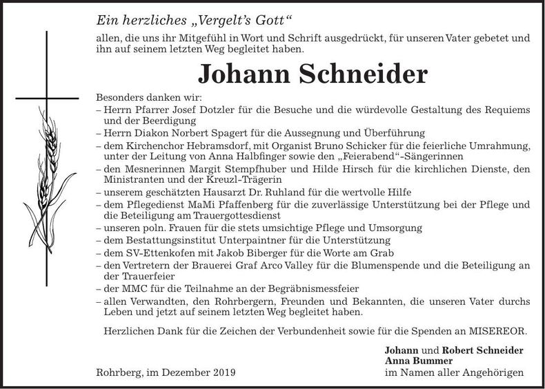 Traueranzeige Johann Schneider
