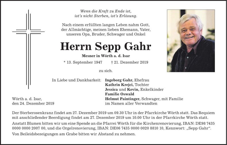 Traueranzeige Sepp Gahr